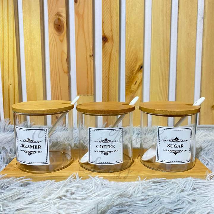 CKS 7in1 Wooden Glass Jar Canister Organizer Condiments Spices Jar Team ...