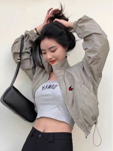 New Lightweight Summer Fashion Sun Protection Clothing Drawstring Short Coat Womens Stand Collar Breathable UPF50+ Outerwear