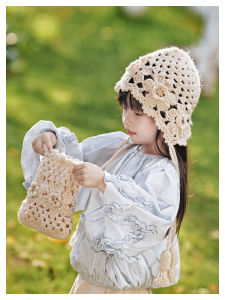 Handmade Korean Style Hollow out Flower Hook Weave Girls Spring Summer Breathable Thin Tassel Cap Bag Set Sweet Casual
