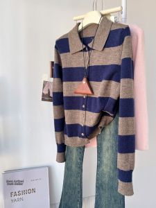 QINGNAER | Retro College Style Slimming Contrast Stripe Polo Collar Knit Cardigan
