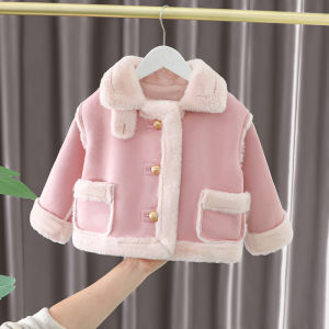 Girls Winter Thickened Fleece Lined Plaid Woolen Coat Princess Style Baby Outfit Korean Fashion Baby Clothes Knitted Jacket