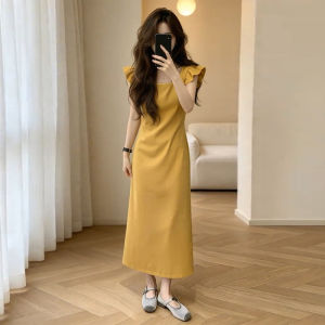 Homecore | Elegant Slim Yellow Square Neck Flutter Sleeve Dress