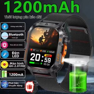 Đồng Hồ Thông Minh Quân Sự Chắc Chắn 2.01 Màn Hình Hiển Thị GPS Tracker Pin 1200mAh Đèn Pin LED IP68 Chống Nước Bluetooth Cuộc Gọi La Bàn Dành Cho Nam Giới