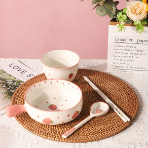 Cute Strawberry Ceramic Bowl Plate Set for Two Home Use Dining Utensils Single Person Rice Bowl Dish Cartoon Style Japanese