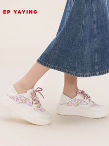 EP YAYING Womens Shoes Thick Bottom Contrast Color Block Rear Footwear Two-Way Wear Casual Style Leather Fabric Upgraded Version