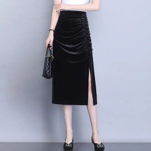 Gold Velvet Asymmetrical High Waist A-Line Skirt Womens plus Size Drawstring Wrap Mid-Length Casual Style Half-length Skirt