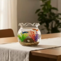 Bình Cá Thủy Tinh Mini Dáng Tròn Miệng Lượn Sóng 11cm B7 – Bể Cá Để Bàn Trang Trí Tặng Kèm Sỏi Và Rong Mô Hình. 