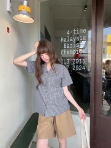 Vintage Casual Slim Fit Polo Neck Plaid Womens Shirt