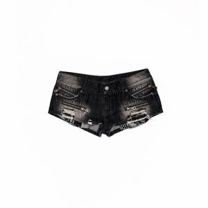 1JINN STUDIO | Faded Zipper Ripped Skinny Butt Lift Black Denim Shorts