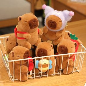 12cm Creative Capybara Small Pendant With Pikachu Hat Stuffed Animal Capybara Hold Bread Boba Milk Tea Plush Toy Cute Doll