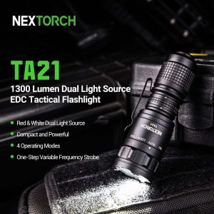 NEXTORCH TA21 Set Tactical Flashlight High Lumens 1300 Lumens White Light and Red Light Rechargeable Flashlight with 4 Modes & Strobe & Ceramic Glass Breaker Tactical Rings Included for Outdoor Use