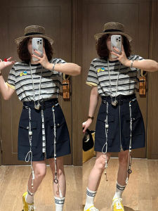 Shalldoer | Fashionable Striped Color Block Short Dress Womens Summer Casual High Waist Midi Skirt Elegant Ageless Stylish Design Dress