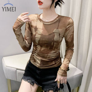 Yimei 2023 Mùa Hè Mới Mỏng Thời Trang Lưới Áo Chống Nắng Đẹp Quảng Châu Phụ Nữ Của T-Shirt Cá Nhân Dây Rút Áo phông in hình