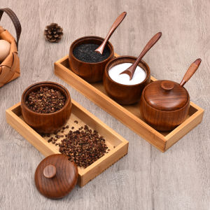 ⚡️Local Warehouse+COD⚡Wooden Salt Cellar Sugar Bowl Pepper Box Salt Seasoning Container Storage Box With Lid And Spoon Wooden Spice Box Spice Jars