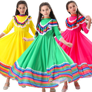 Girls Traditional Folk Mexican Stage Performance Dress May 5 Mexican Festival Celebration Long Wide Swing Dance dress