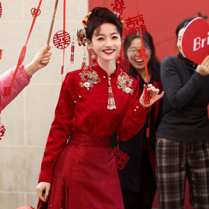 Red Long Sleeve Marriage Dress New Chinese Style Wedding Gown Bride Drinking Ceremony Costume Winter Wedding Outfit Set