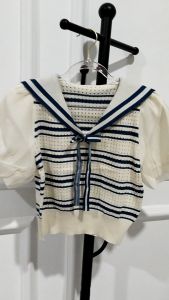 Atasan Wanita Dewasa Import Knit Karet Tile Kerah Pita Garis-Garis Lengan Shiffon Pendek Terbaru