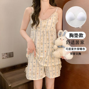 ชุดนอนผ้าฝ้ายพิมพ์ลายคอวีหวานสําหรับผู้หญิงชุดชั้นในฤดูร้อนพร้อมกางเกงขาสั้นแผ่นหน้าอกและชุดนอนสองชิ้นยอดนิยม