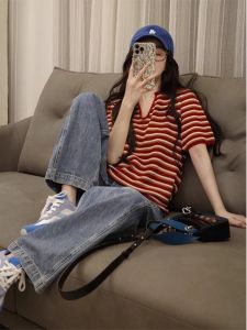 HUOLISI | Short Sleeve Stripe Polo T Shirt for Petite Women