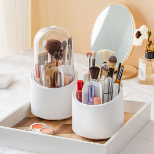 (SG Seller)EmmAmy® Rotary Make-up Brush Storage Bucket Makeup Brush Storage Organizer Box with Dustproof Covered Transparent Plastic /pearl
