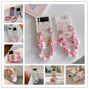 สำหรับ Samsung Z พลิก5 Z พลิก3 Galaxy Z FLIP 4 5G เคสใสมีดีไซน์บางเฉียบน่ารักพร้อมสายโซ่สำหรับข้อมือแข็งเคสป้องกันการกระแทก