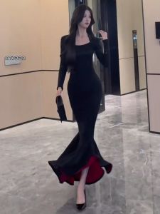 LIRUSHAN | Elegant Lady Black Lotus Tail Hem Fish Tail Long Dress