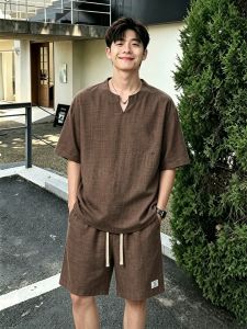 OUMULONG | Bộ Quần Short Tay Ngắn Cổ V Phong Cách Retro Màu Khaki từ Linen và Lyocell cho Mùa Hè