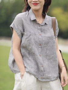 Linen Short-Sleeved Shirt for Women Summer Artistic Casual Pure Color Elegant Cotton Linen Shirt Loose Versatile Slimming Top Thin