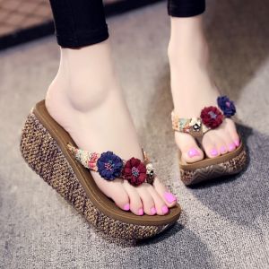 QIAOHUI | Non-slip Outdoor Thick-soled Vacation Sandals Flip Flops with Flower Design