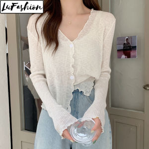 LuFashion Knitted Cardigan Summer Long Sleeve Thin Sunscreen Blouse for Women