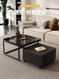 Yiyou Black Accessible Luxury Stone Plate Coffee Table Small Apartment Living Room Home Modern Minimalist Storage Movable Coffee Table Combination