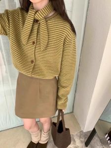 Color-Controlled Autumn Vintage Stripe Bow Tie Matching Knitting Cardigan 2024 Autumn Niche Loose Slim Looking Tops