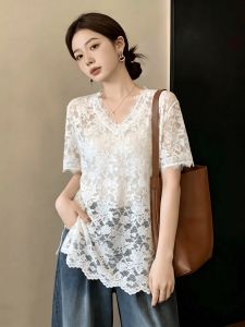 Áo Thun Blouse Dây Ren V-Neck Tay Ngắn cho Phụ Nữ Mùa Hè Size Lớn Elegance Xem Qua