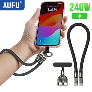 AUFU 2in1 240W USB C to Type C Lanyard Data Cable 5A PD Fast Charging For iPhone 16 15 Xiaomi Huawei Phone Lanyard Charge Cable