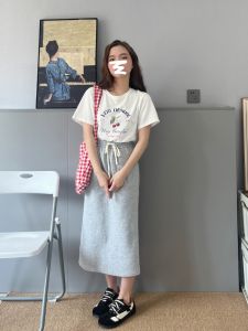 High Waist Drawstring Straight Cut High Waist Midi Skirt Fashionable Versatile Sumui150 Small Size Illusional All-Match Skirt