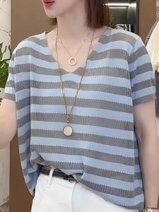 เสื้อถักแขนสั้นผู้หญิง ทรงหลวม คอวี ระบายอากาศได้ดี ทรงเข้ารูป แฟชั่นฤดูร้อน 2025 เสื้อผ้าทำงานสไตล์เกาหลี