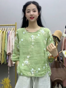 Áo Sơ Mi Vải Lanh Cotton Cổ Tròn Tay Bảy Mùa Hè Cho Nữ Dáng Rộng Thoải Mái Thoáng Khí Thêu Hoa Giản Dị Phong Cách Retro