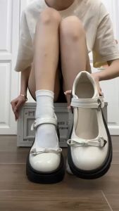 (Đặt lùi 1 size ) Giày búp bê Lolita nữ quai dán đế độn 5cm đính nơ da mềm cao cấp