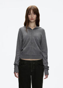 Deep Grey Knitted Hooded Open Cardigan Shoulder-Length Zipper Top Commute Style Short Length Pure Color Autumn Season Womens Sweatshirt