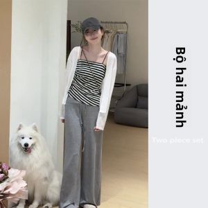 YUEZHONGWEI | Bộ đồ hai mảnh màu trắng chống nắng mùa hè 2025 Áo len cardigan rộng rãi thường ngày Quần ống rộng Bộ đồ hai mảnh