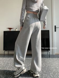 Grey Loose Wide Leg Sport Pants Womens Autumn New Style Small Size American Loose Trousers Thin Drawstring Casual Sweatpants