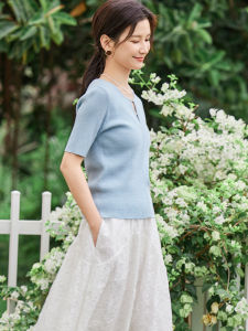 WANGGONGZHU | Ice Silk Short Sleeve T-Shirt Women Summer Thin New Loose Pure Color Knitted Bubble Sleeve Top Comfortable Breathable Fashionable