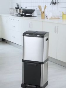 คัมโฮม_ถังแยกขยะ สแตนเลส 304 ประหยัดพื้นที่ ทรงสูง แบ่ง 3 ช่อง ถังขยะมีฝาปิดกันกลิ่น ถังแยกประเภท ถังขยะสแตนเลส