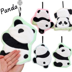 2PCS Cute Cartoon Panda Hand Towel with Hanging Ring Soft Coral Velvet Children Towel Strong Water Absorption Kitchen Scouring Pad Bathroom Handkerchief