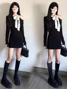 Black Knitted Mini Dress Shoulder Bared Korean Style Womens Fashion Autumn Winter High Waist A-Line Skirt Long Sleeve Dress