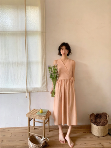 NIHAOKANONG | Đầm Midi A-Line Dây Nơ Vòng Cổ 2 Dây