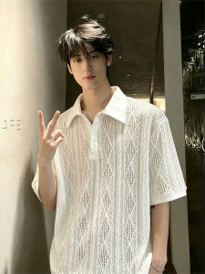 ZHUOCAN | Vintage Style Lace Hollow Textured Lightweight Breathable Short Sleeve Polo Shirt Half Sleeve
