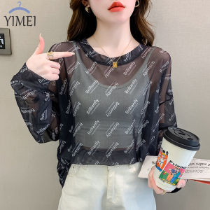 Áo thun nữ Yimei dài tay bảo vệ khỏi ánh mặt trời Áo Thun Nữ Quảng Châu mùa hè thoáng khí và xinh đẹp áo phiên bản Hàn Quốc in chữ tự thiết kế áo lưới phối cảnh