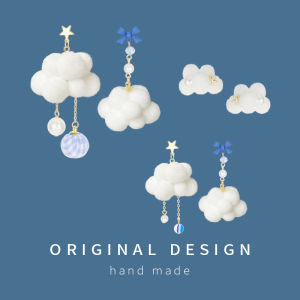 Adorable Asymmetric White Cloud Ear Cuff Blue Bow Knot Plush Ball Earrings Girls Heart Korean Style Alloy Fashion Jewelry