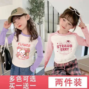 100% Pure Cotton Girl Bottoming Shirt Long Sleeves T-shirt Patchwork Spring and Autumn Fashionable Kids Baby Short Inner Tops